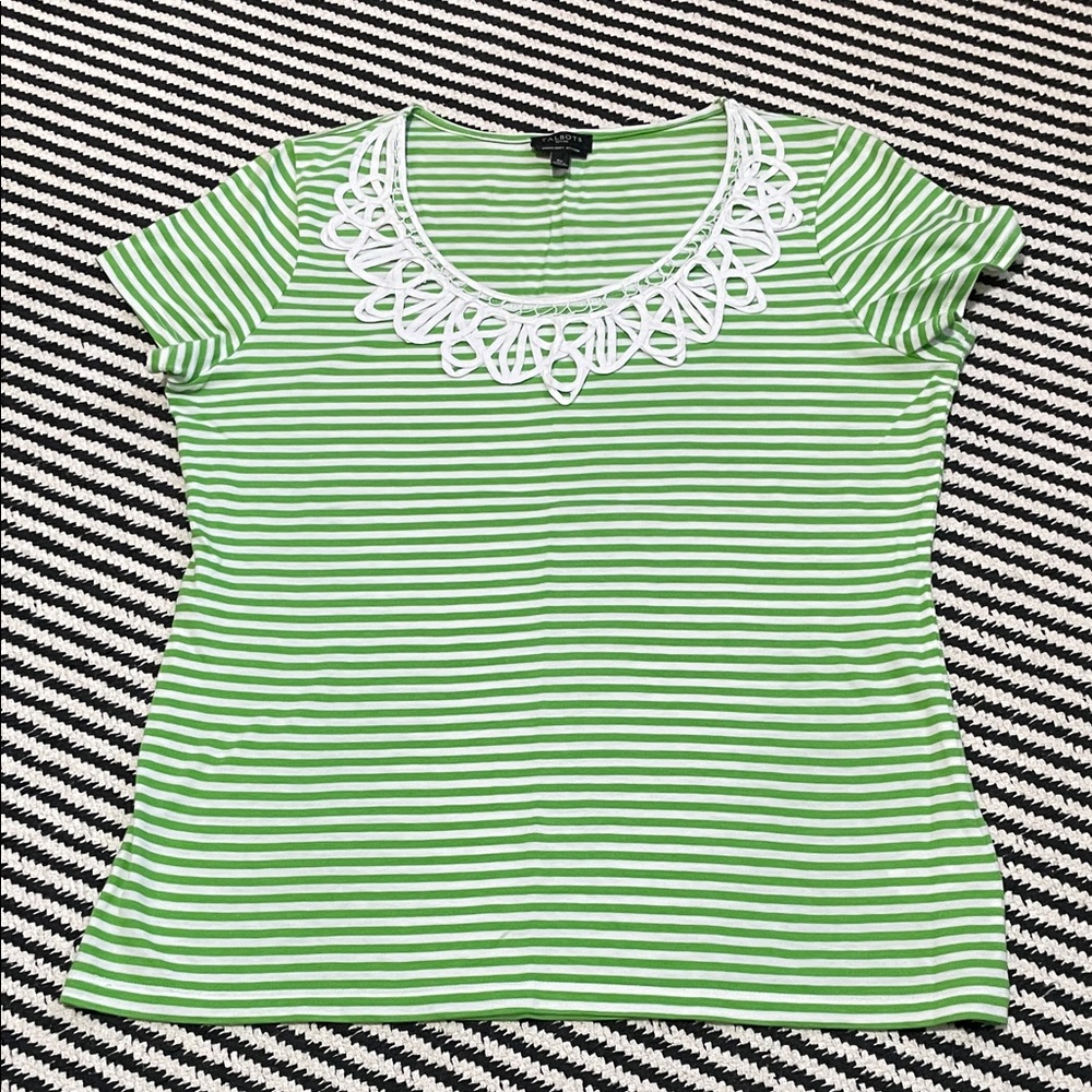 Talbots Kelly Green Striped Women's Top with White Lace Accents